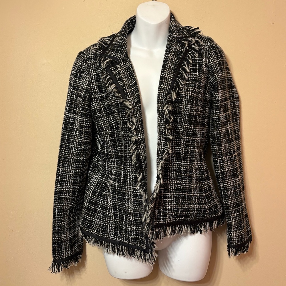 Anthracite Black and White Tweed fringed Blazer size 4